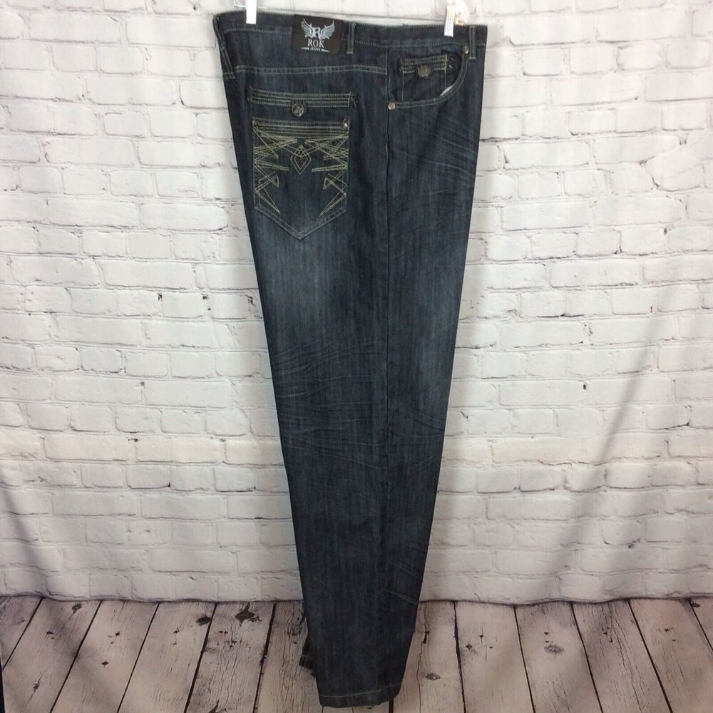 ROK Men’s Sz 44x34 Blue Jeans Denim Straight Leg Embroidered Pockets Whiskering